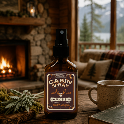 Bottle of Cabin Spray on a wooden table with a cozy cabin background