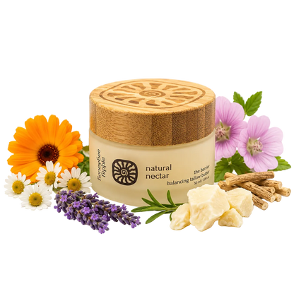 Cosmetic jar with wooden lid surrounded by flowers and herbs on a white background