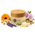 Cosmetic jar with wooden lid surrounded by flowers and herbs on a white background