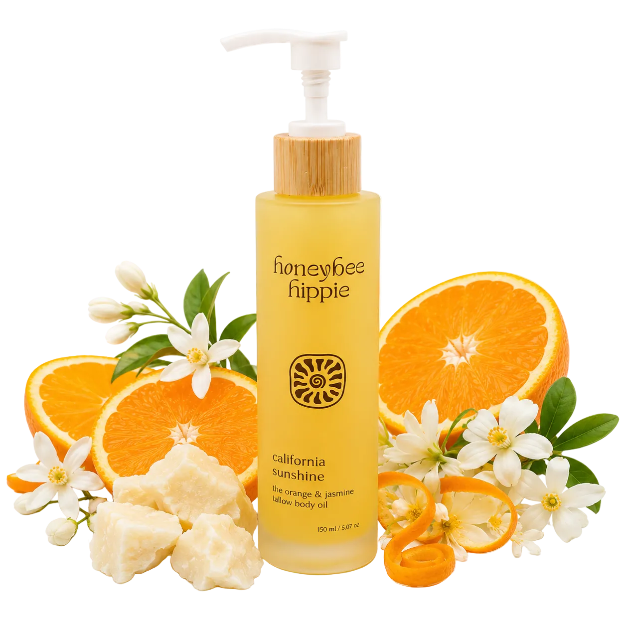 Honeybee Happee bottle of California Sunshine body oil with oranges and flowers on a white background