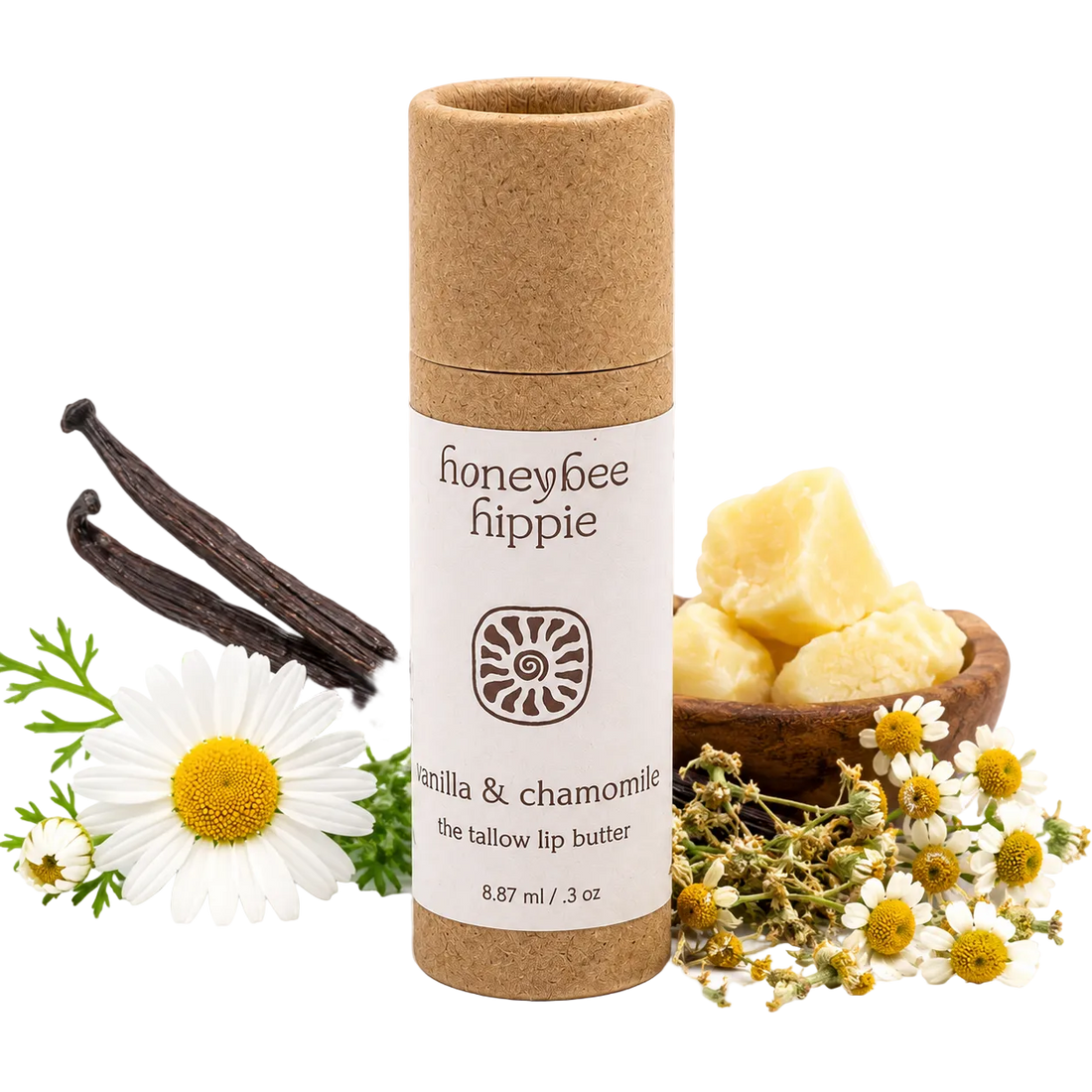 Honeybee Hippie vanilla and chamomile lip butter with vanilla beans, flowers, and beeswax on a white background