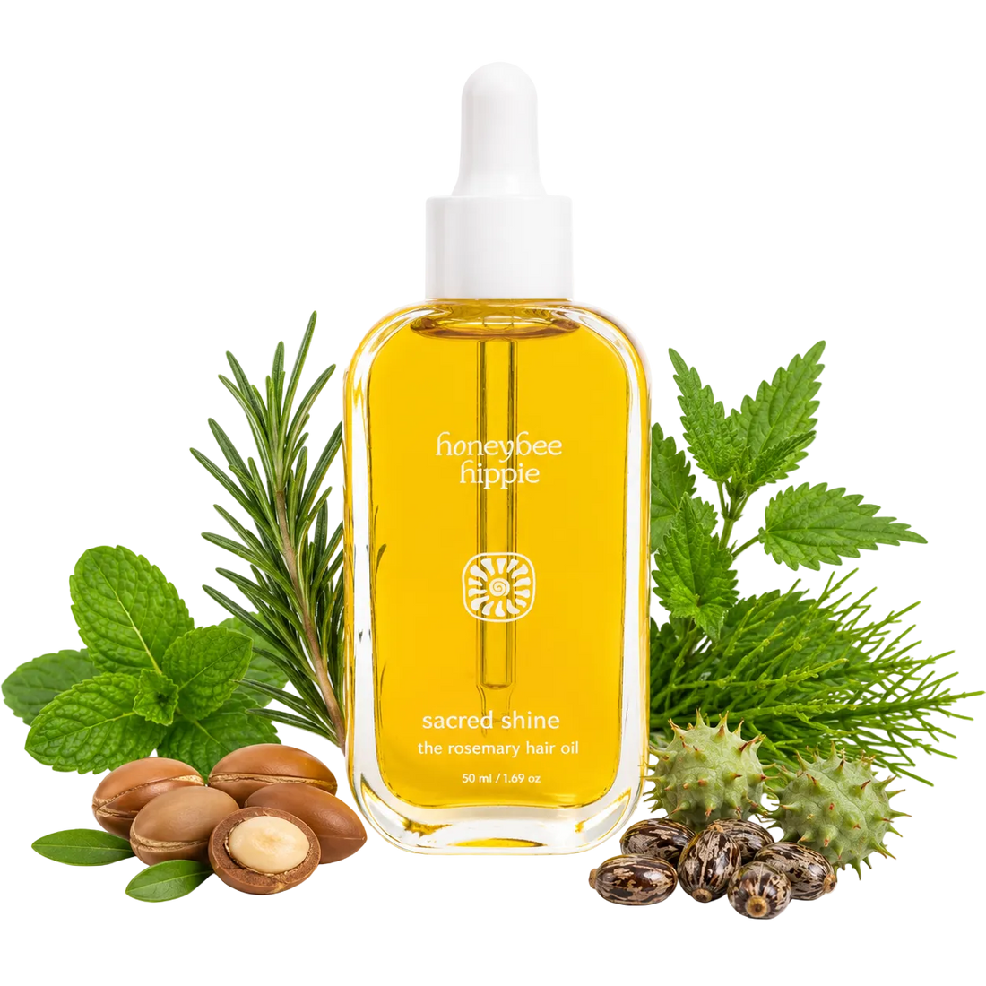 Honeybee Hippie sacred shine hair oil bottle with natural ingredients on a white background