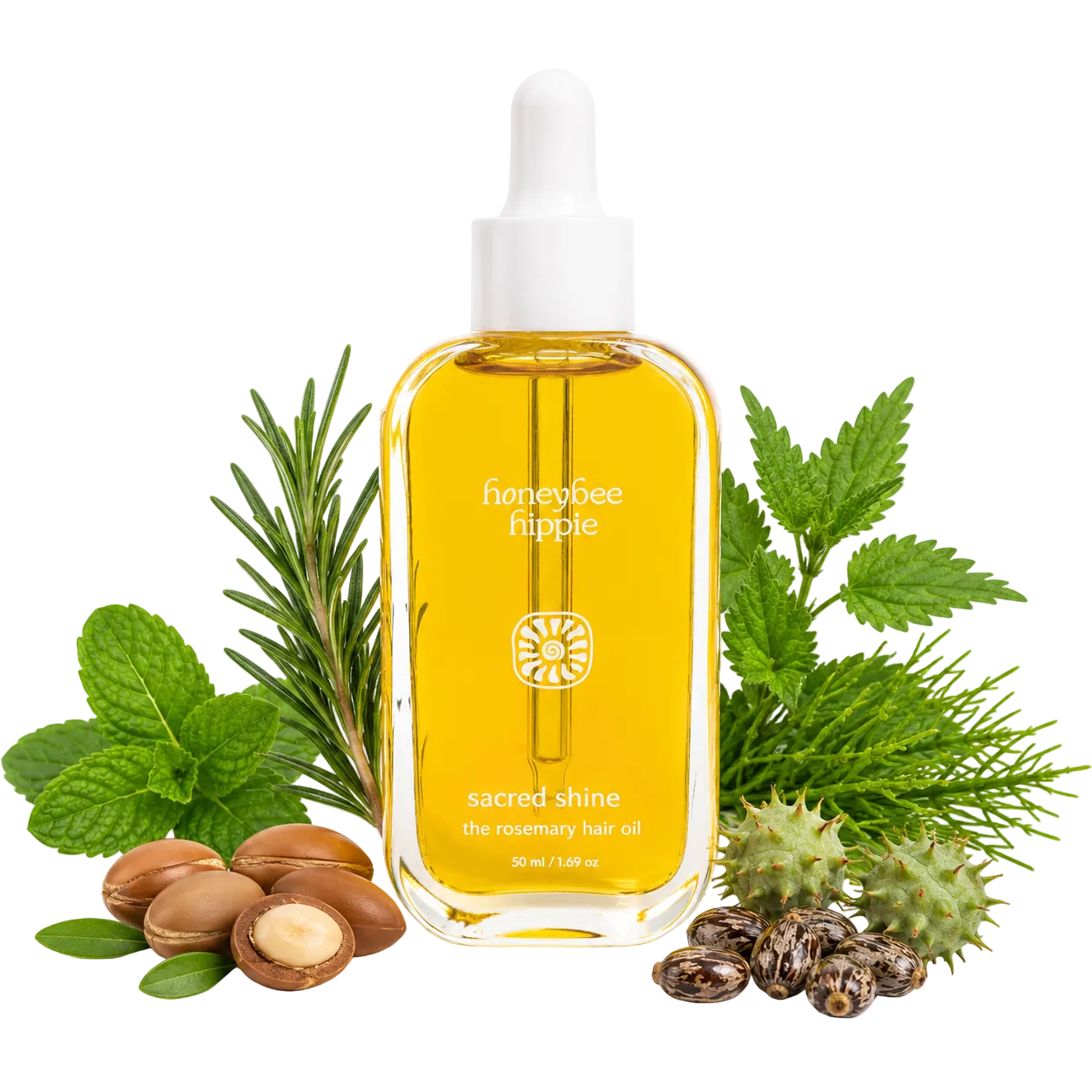 Honeybee Hippie sacred shine hair oil bottle with natural ingredients on a white background