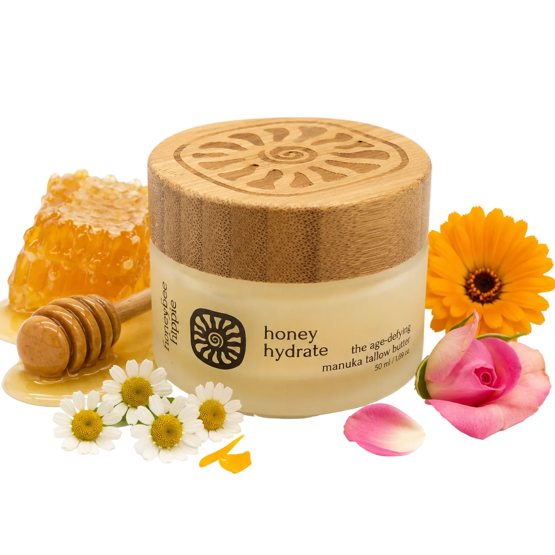 Jar of honey hydrate with wooden lid, honeycomb, flowers, and honey dipper on a white background