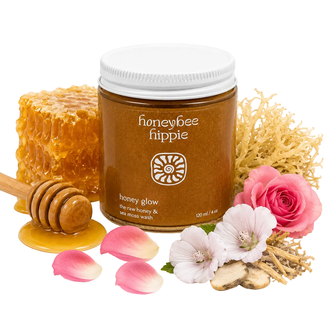 Jar of honeybee hippie honey with honeycomb, flowers, and a honey dipper on a white background