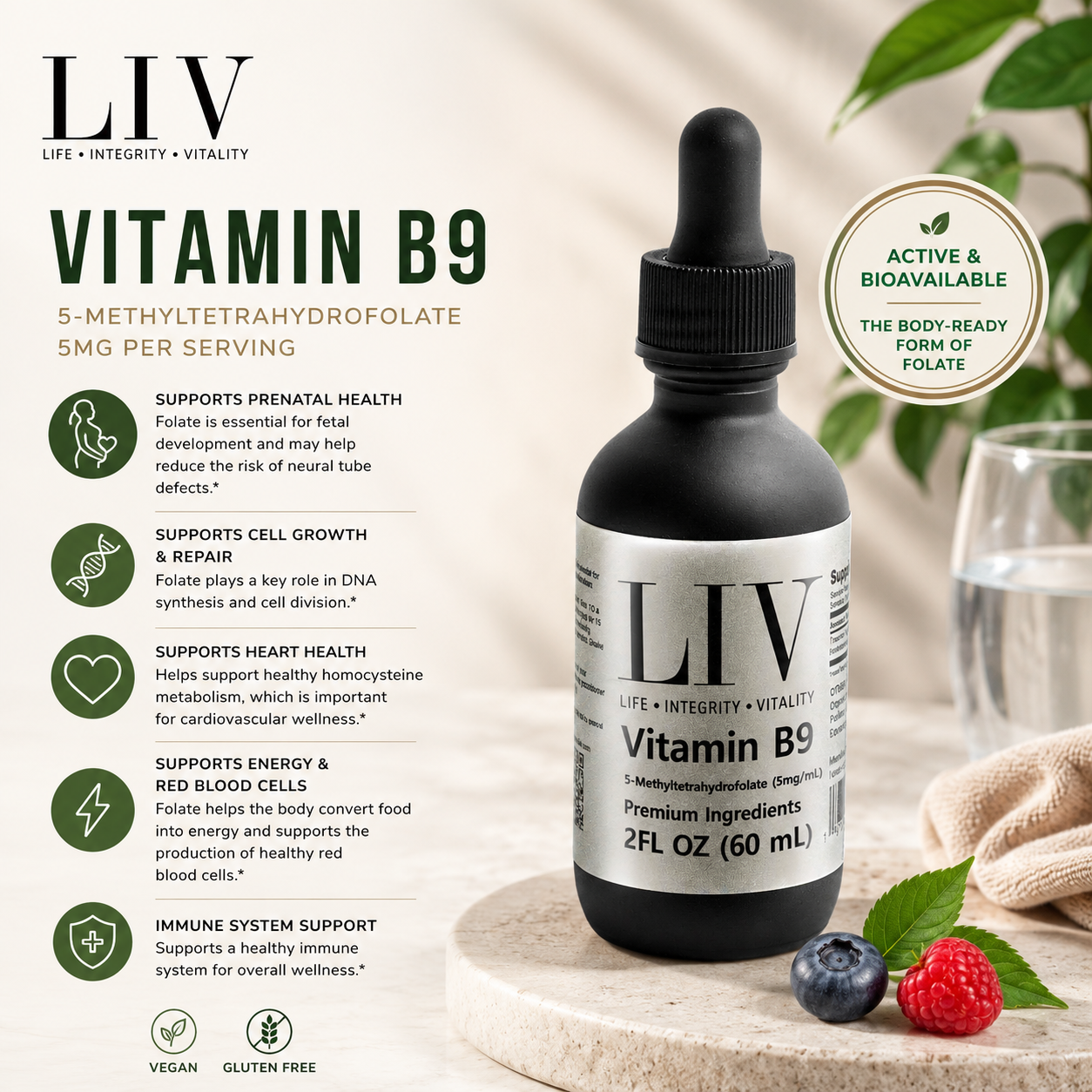 Vitamin B9 Folic Acid Liquid (5-MTHF 5,000mcg, 60 servings)