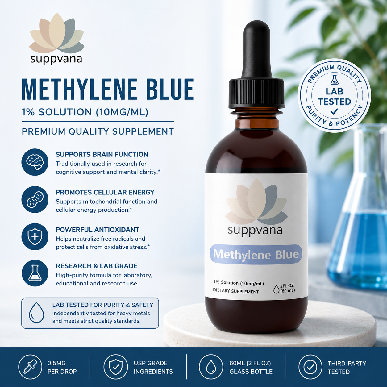 Suppvana Methylene Blue Liquid 1% (600mg, 2oz)