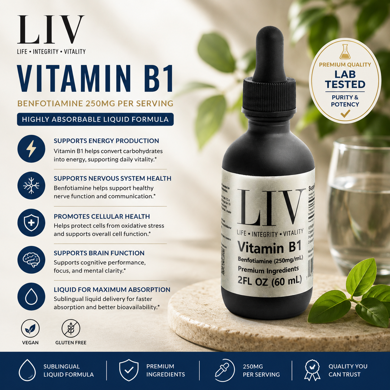 Vitamin B1 Thiamine Liquid Metabolic Booster (Benfotiamine 250mg, 60 servings)