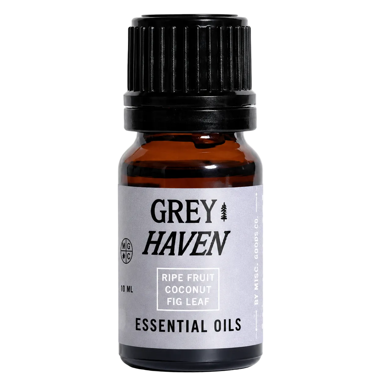 Bottle of Grey Haven essential oil with a black cap on a white background