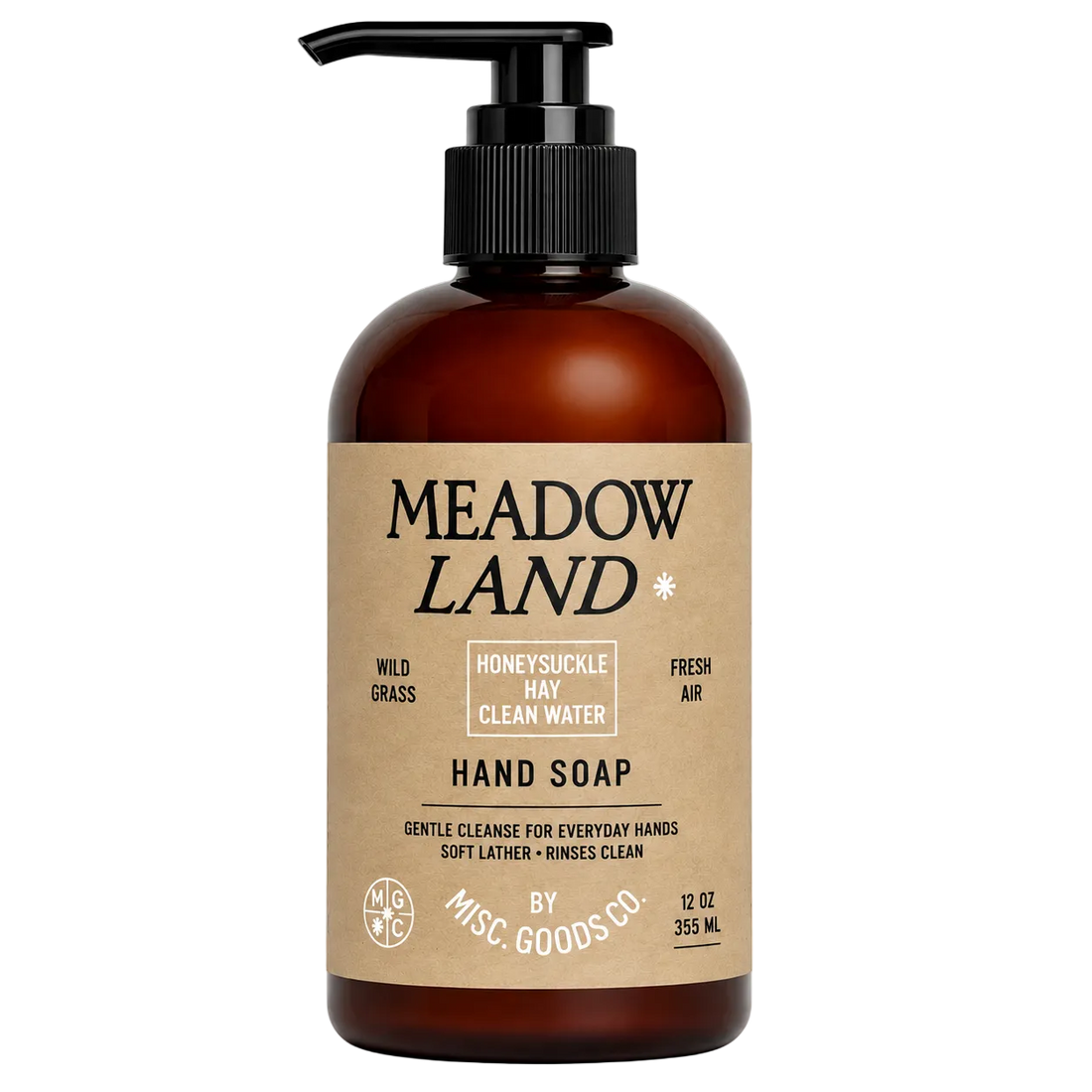 Meadow Land hand soap bottle with pump on a white background