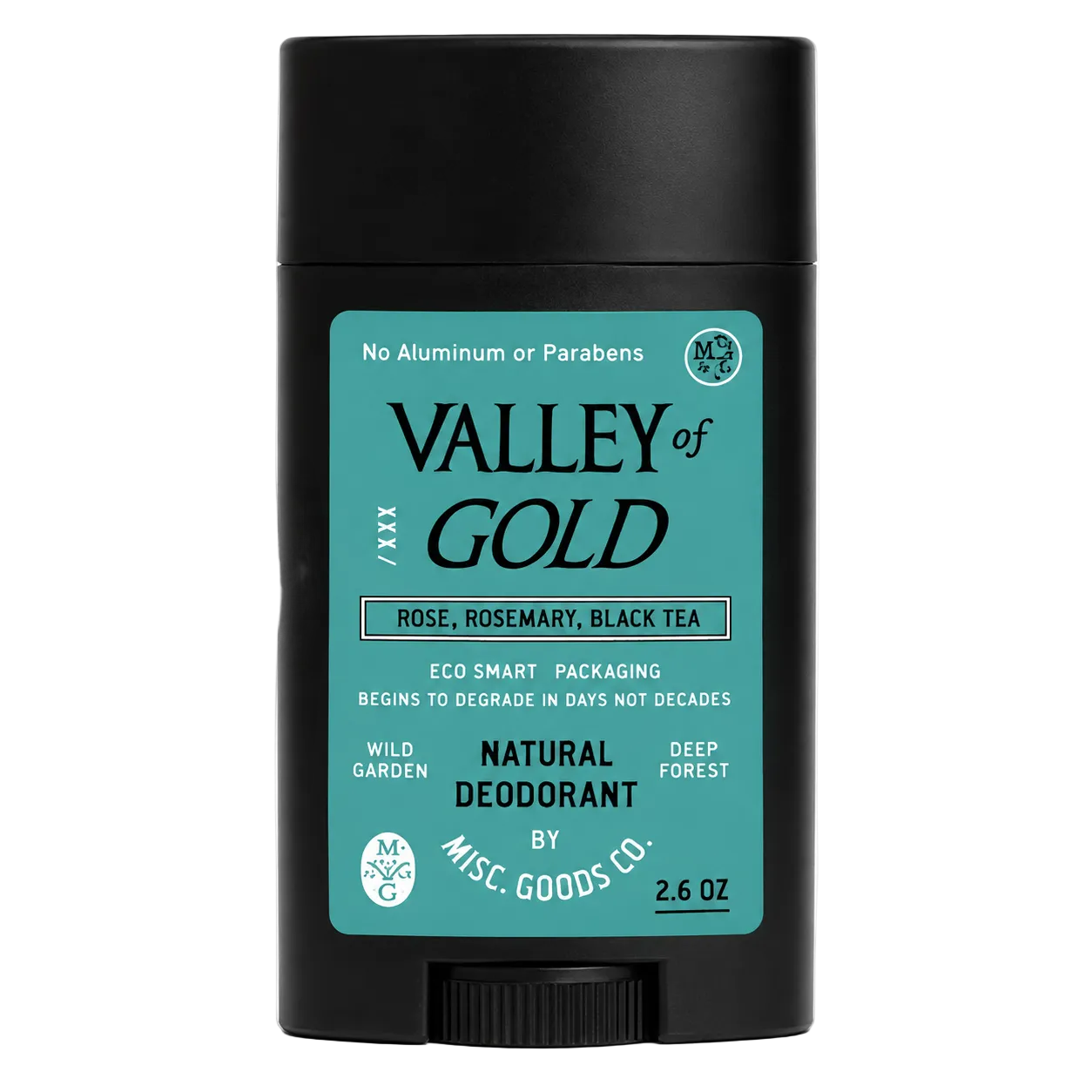 Valley of Gold natural deodorant stick with black and teal packaging on a white background