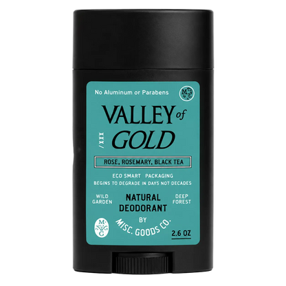 Valley of Gold natural deodorant stick with black and teal packaging on a white background