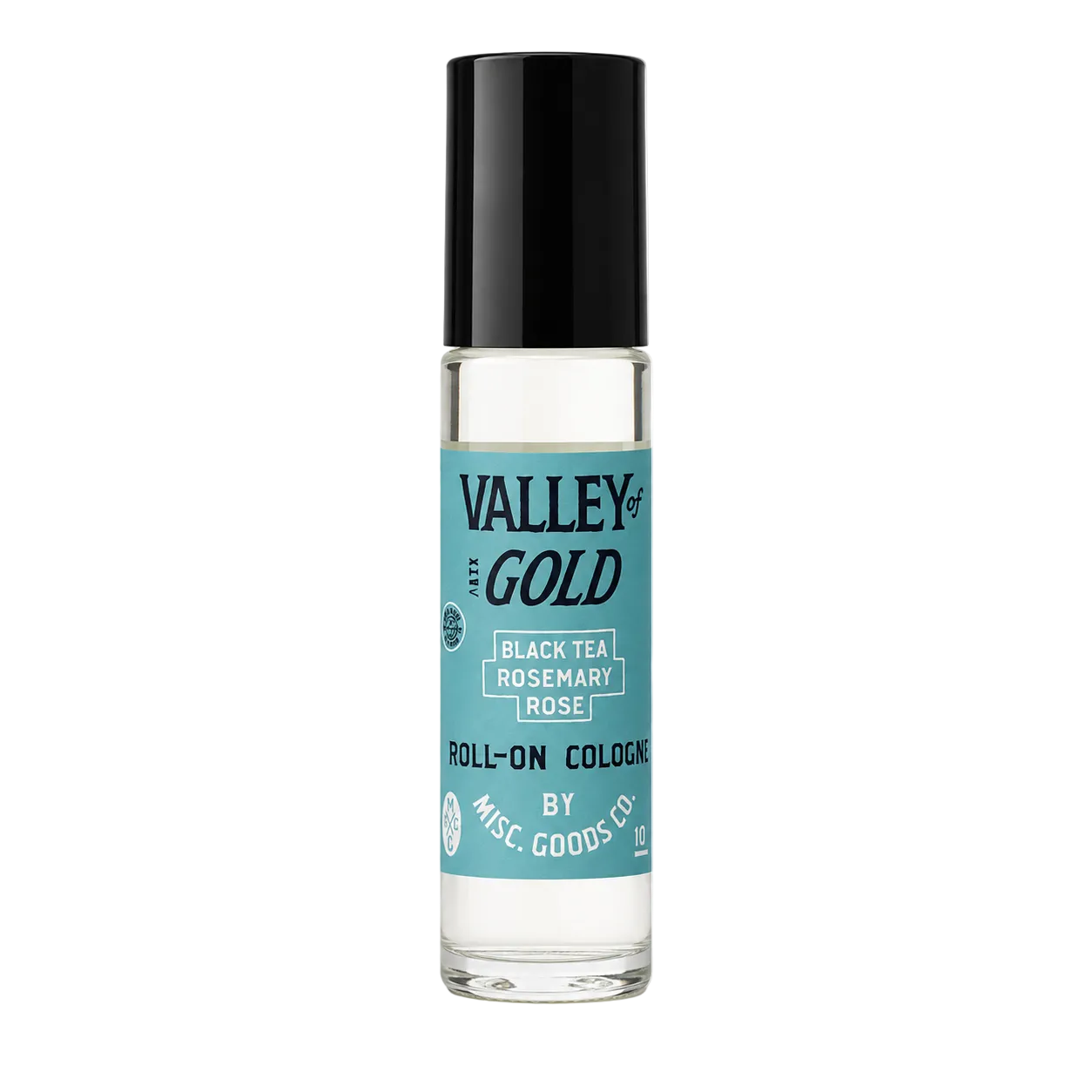 Roll-on cologne bottle with black cap and blue label on a white background