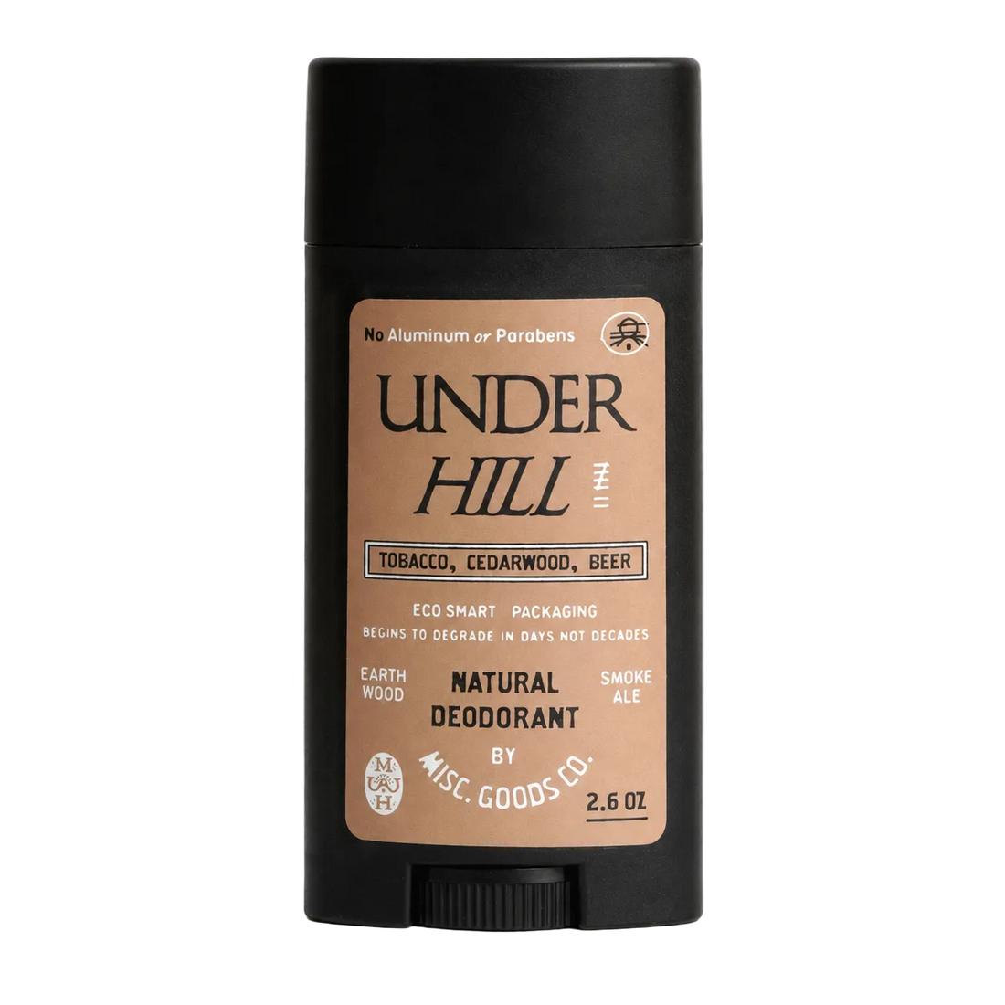 Black deodorant stick with brown label on a white background