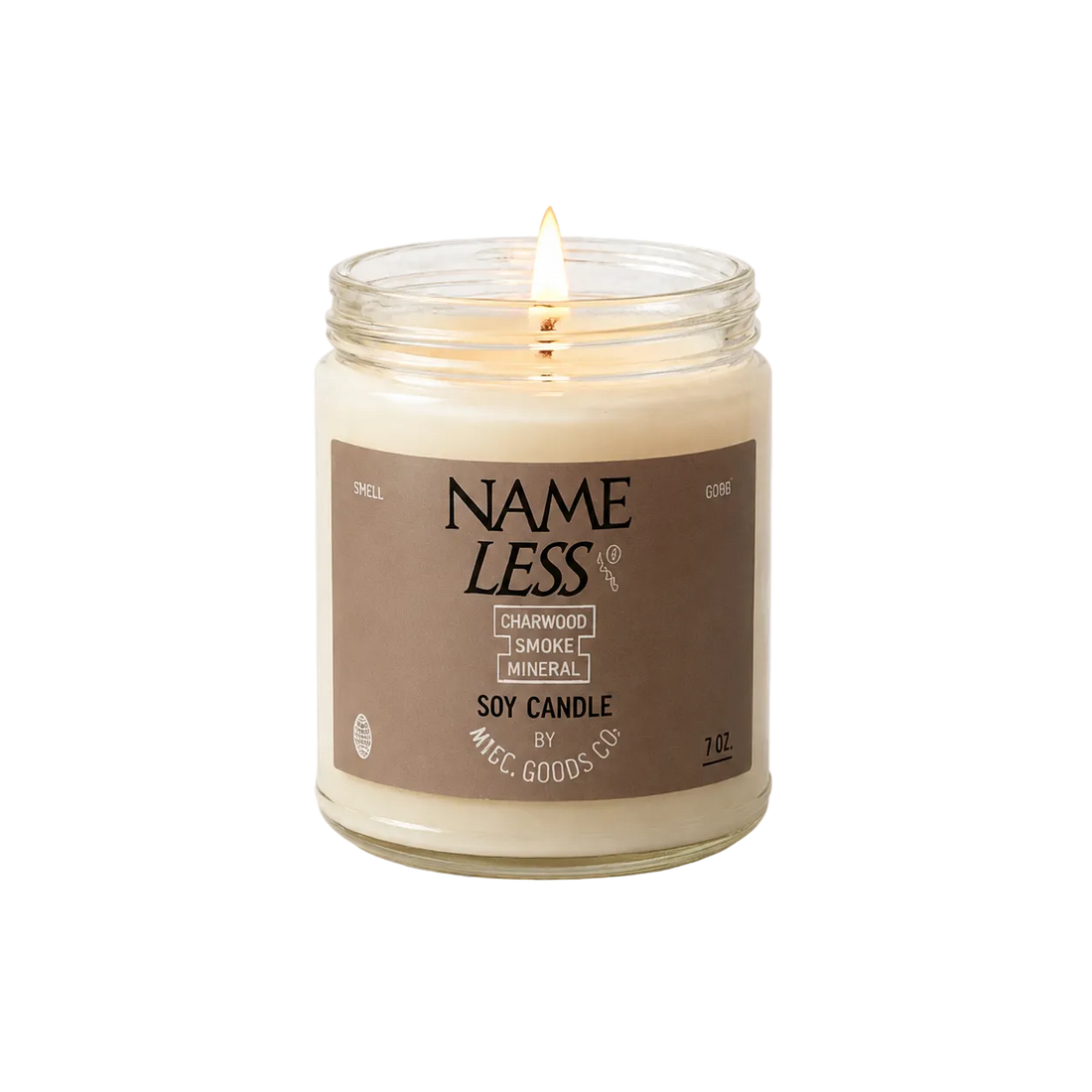 Candle in a glass jar with a brown label on a white background