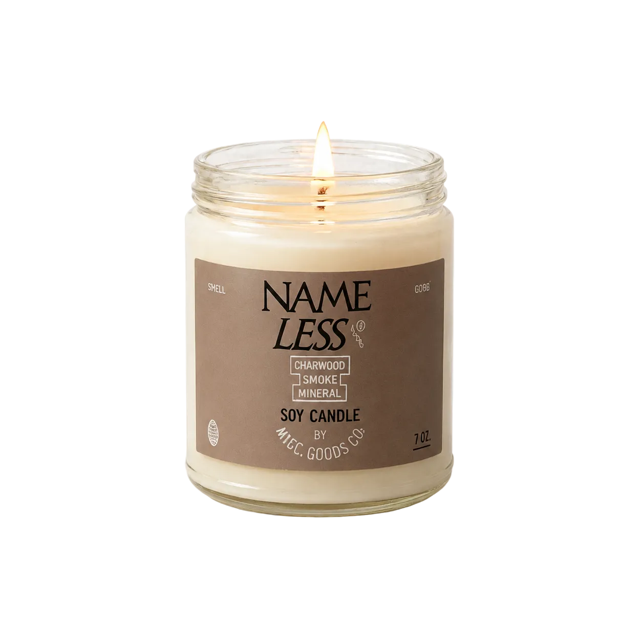Candle in a glass jar with a brown label on a white background