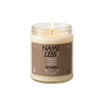 Candle in a glass jar with a brown label on a white background