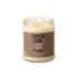 Candle in a glass jar with a brown label on a white background