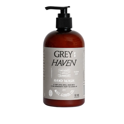 Brown bottle of Grey Haven hand wash on a white background