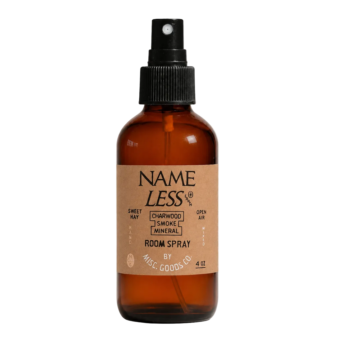 Brown glass room spray bottle with a cardboard label on a white background