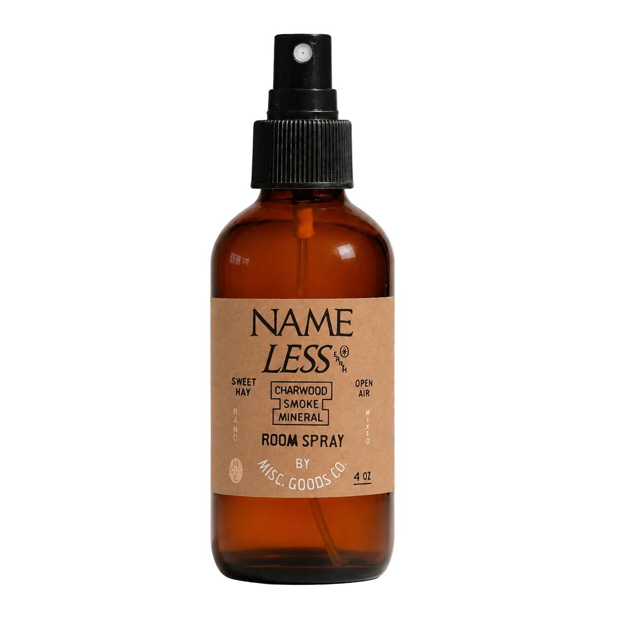 Brown glass room spray bottle with a cardboard label on a white background