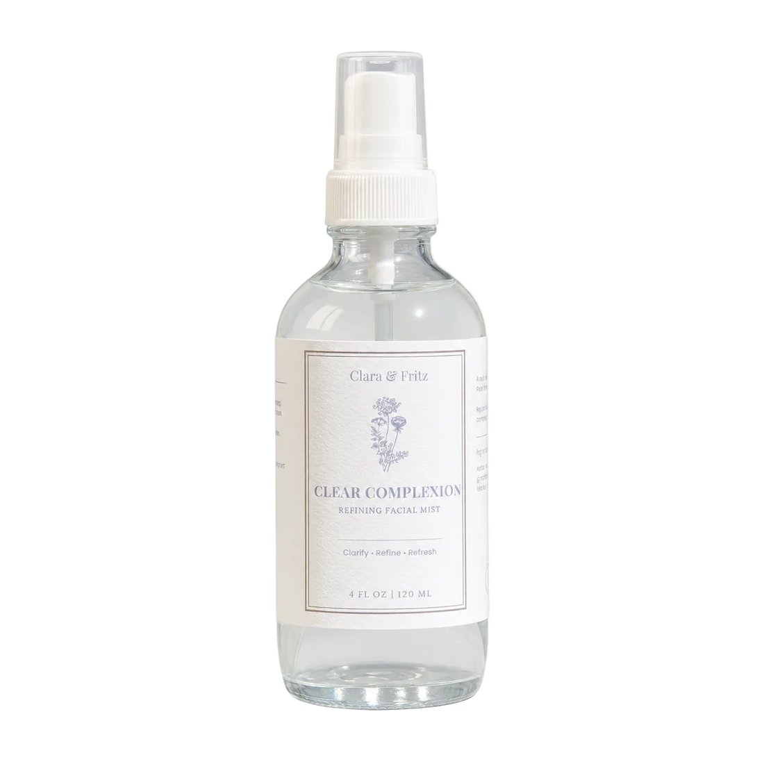 Clear bottle with white cap and label on a light beige background
