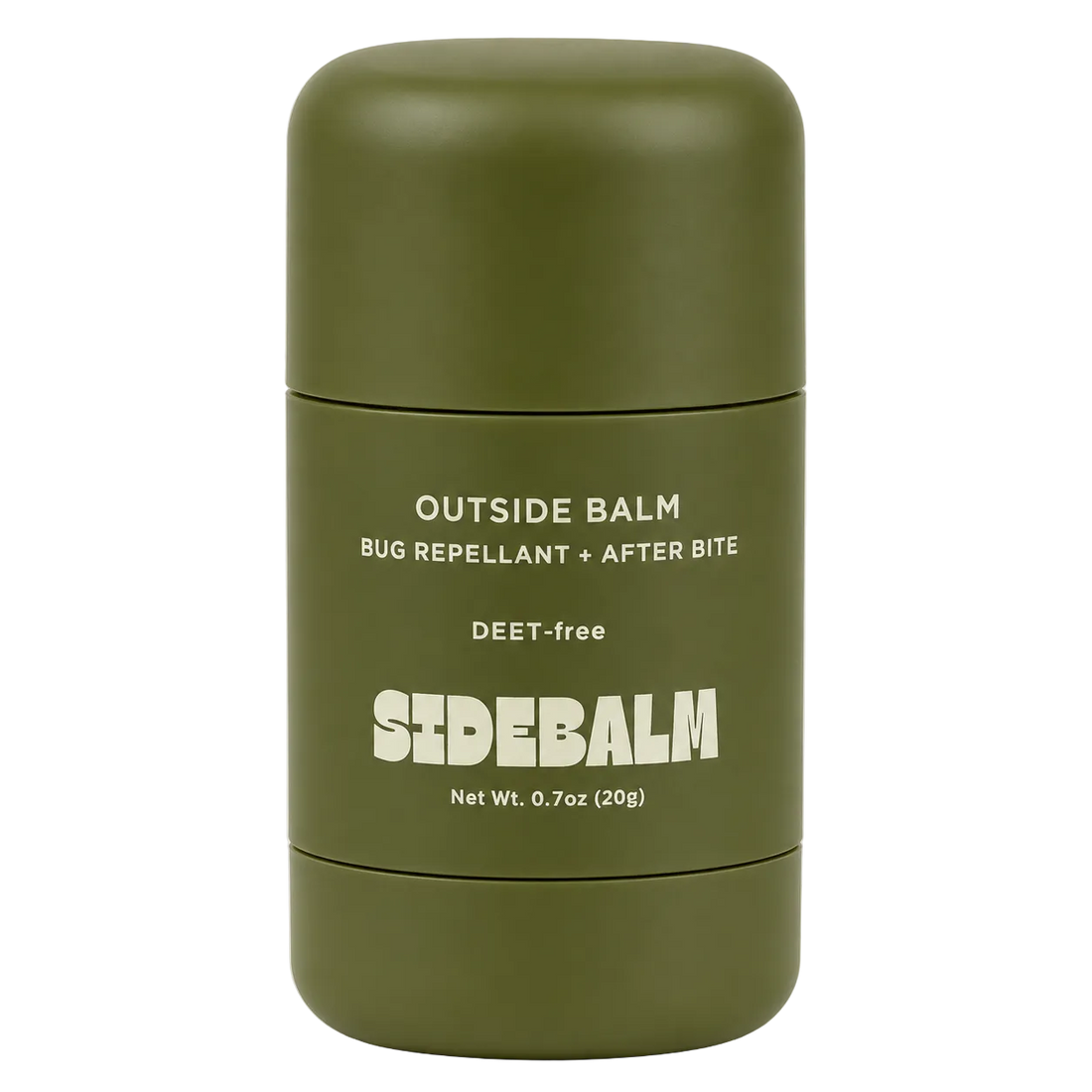 Green container of SideBalm bug repellent and after-bite balm on a white background