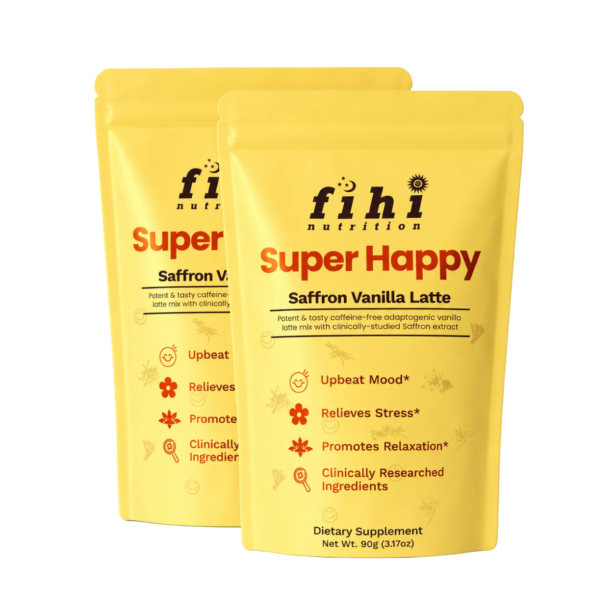 Two packages of fihi nutrition Super Happy Saffron Vanilla Latte on a white background