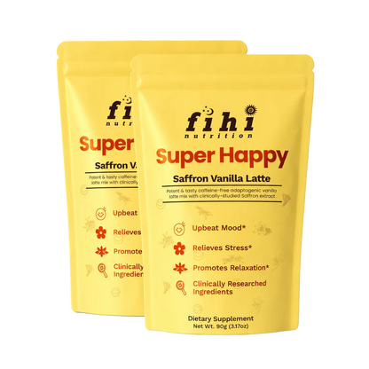 Two packages of fihi nutrition Super Happy Saffron Vanilla Latte on a white background