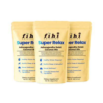 Three packages of fihi nutrition Super Relax Ashwagandha Reishi Coconut Mix on a white background