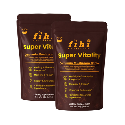 Two packages of fihi nutrition Super Vitality Curcumin Mushroom Coffee on a white background