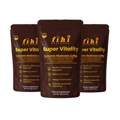 Three packages of fihi nutrition Super Vitality Curcumin Mushroom Coffee on a white background