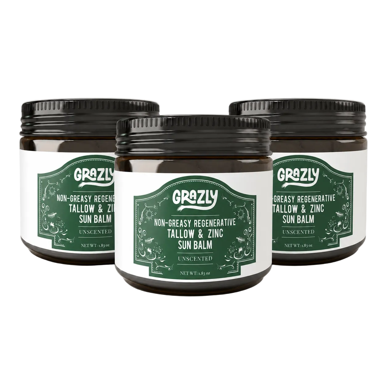 Three jars of Grozly sun balm on a white background