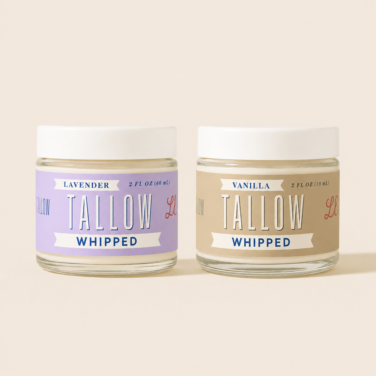 Lady May Tallow Lotion &amp; Moisturizer Travel 2 oz Whipped Tallow Moisturizer Duo | Lavender &amp; Vanilla