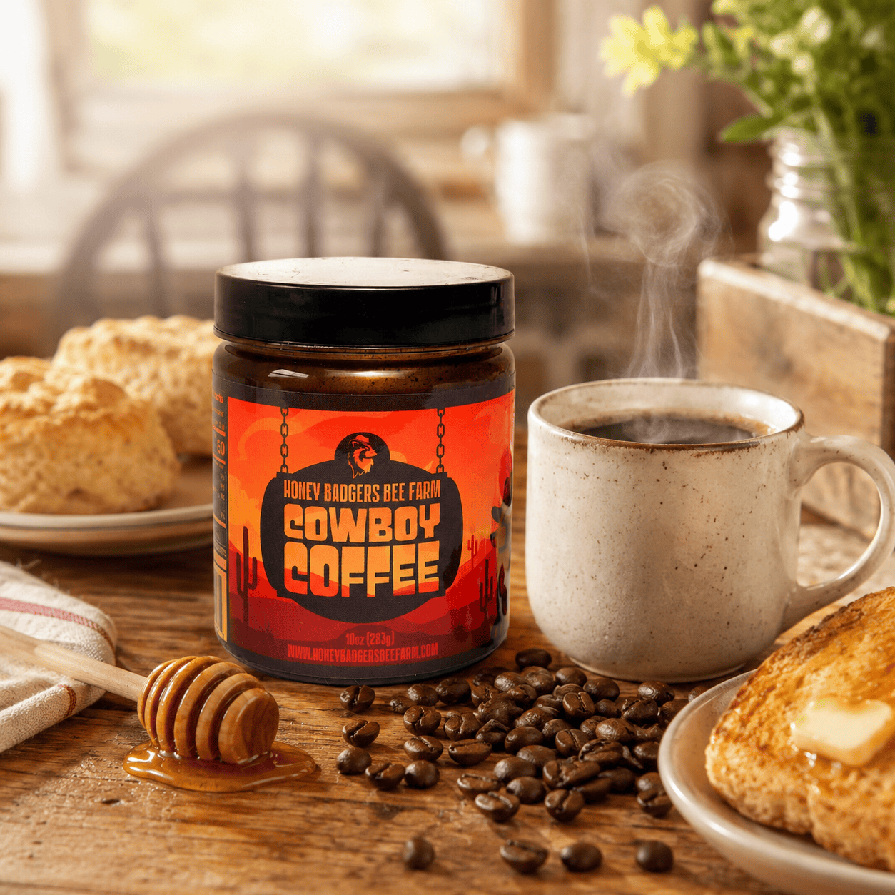Honey Badgers Bee Farm All Natural Coffee Cowboy Coffee - Instant Honey Coffee - All-in-one - Just add to hot water