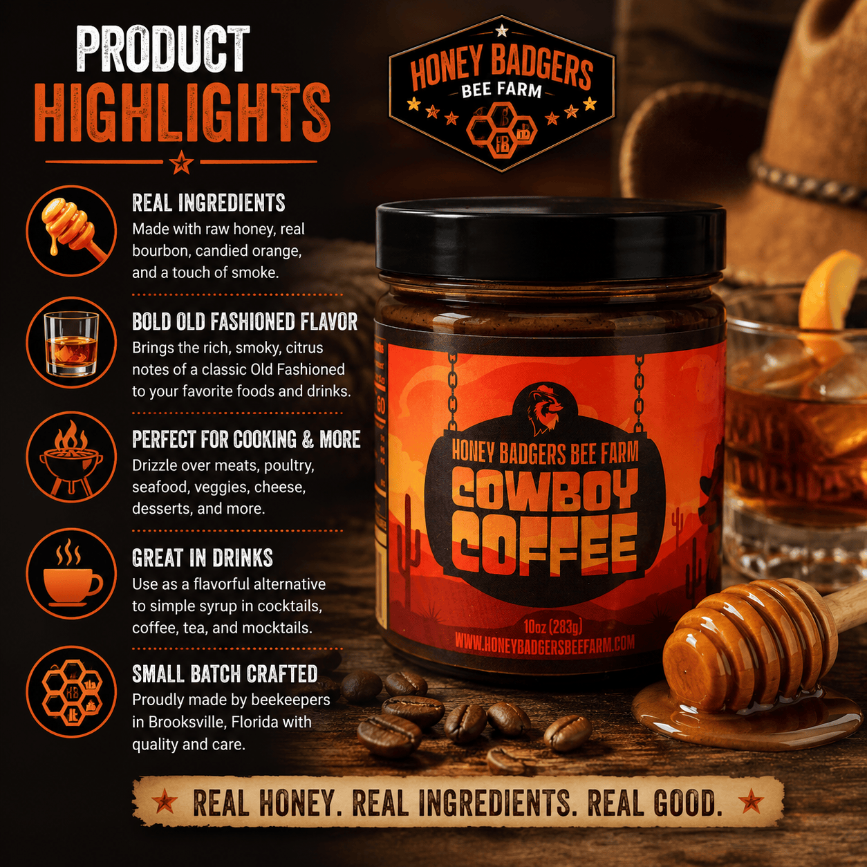 Honey Badgers Bee Farm All Natural Coffee Cowboy Coffee - Instant Honey Coffee - All-in-one - Just add to hot water