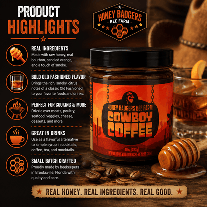 Honey Badgers Bee Farm All Natural Coffee Cowboy Coffee - Instant Honey Coffee - All-in-one - Just add to hot water