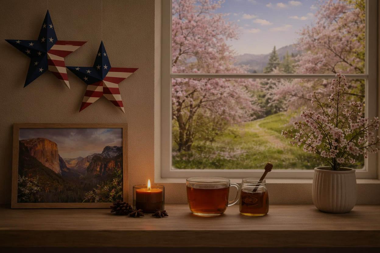 Window sill with tea, candle, and decorative stars with a scenic view outside.