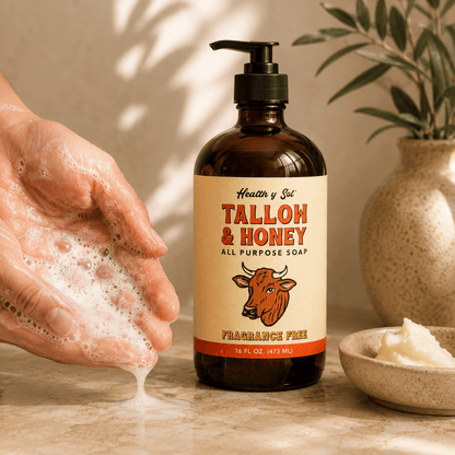 Health y Sol Body Wash Bottle + Reusable Pump Fragrance Free Tallow &amp; Honey Liquid Soap – 16 oz