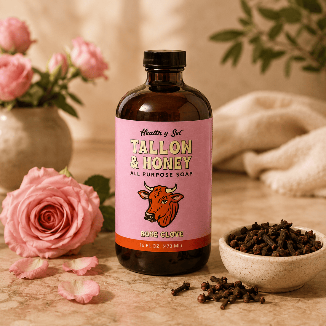 Health y Sol Body Wash Rose Clove Tallow &amp; Honey Liquid Soap – 16 oz