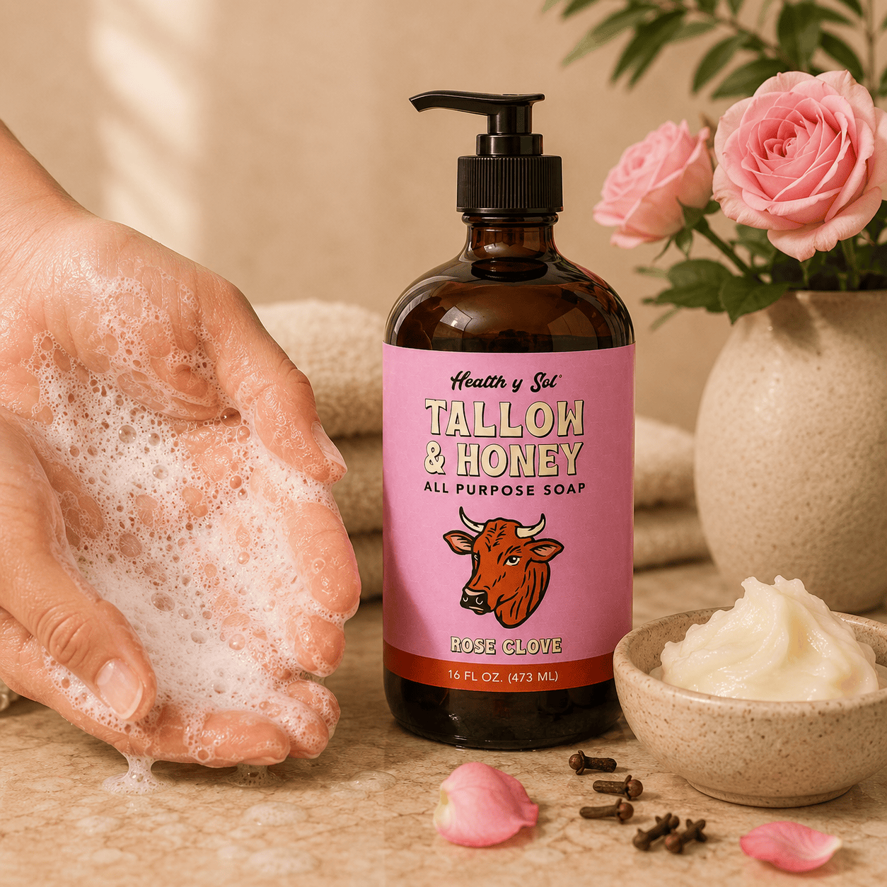 Health y Sol Body Wash Bottle + Reusable Pump Rose Clove Tallow &amp; Honey Liquid Soap – 16 oz