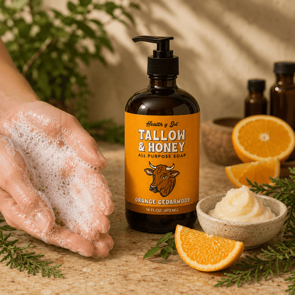 Health y Sol Body Wash Bottle + Reusable Pump Orange Cedarwood Tallow &amp; Honey Liquid Soap – 16 oz