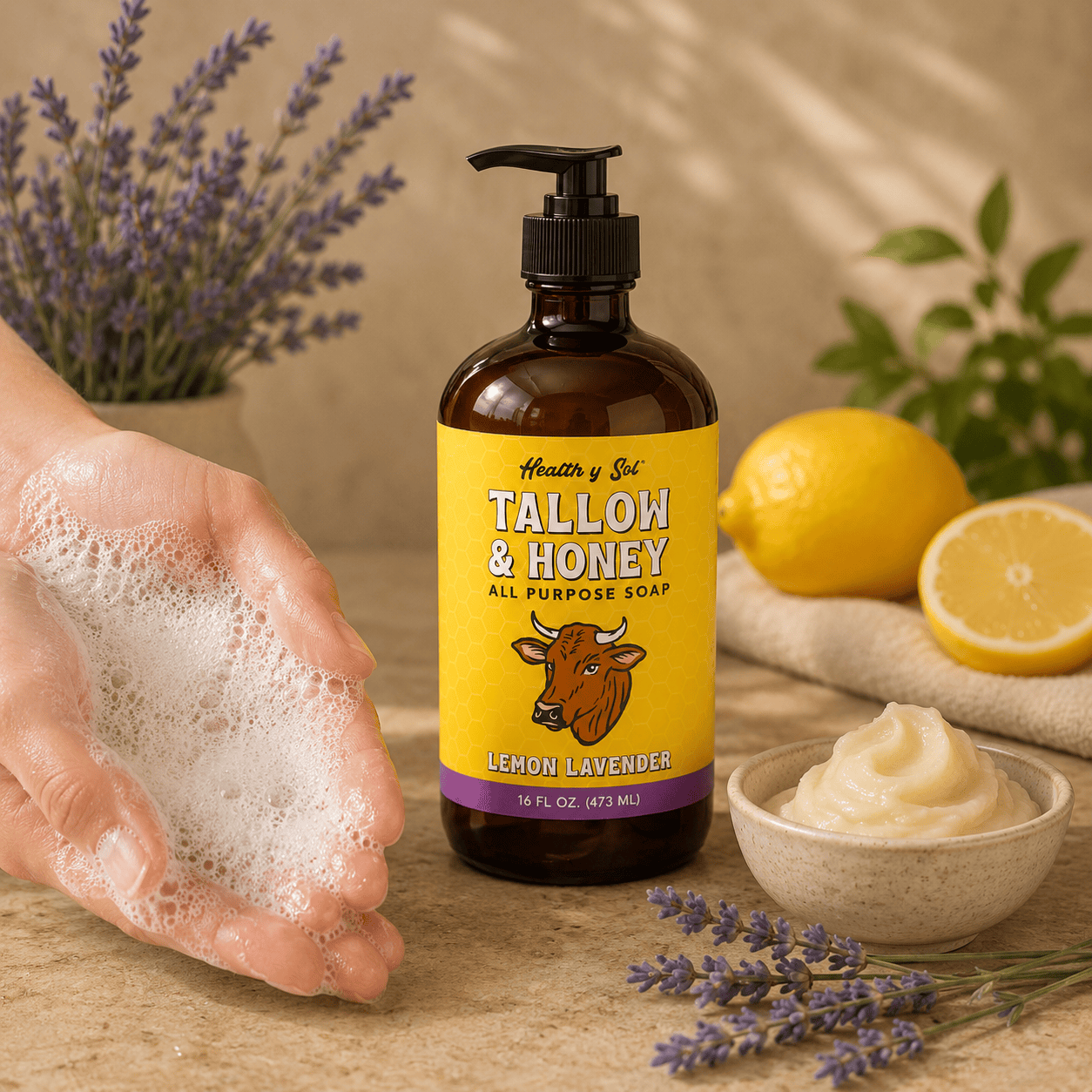 Health y Sol Body Wash Bottle + Reusable Pump Lemon Lavender Tallow &amp; Honey Liquid Soap – 16 oz