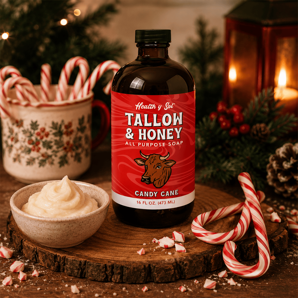 Health y Sol Body Wash Candy Cane Tallow &amp; Honey Liquid Soap – 16 oz
