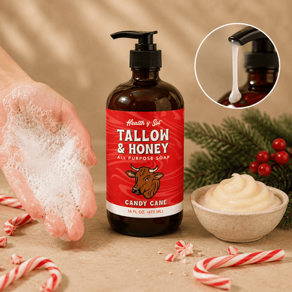 Health y Sol Body Wash Bottle + Reusable Pump Candy Cane Tallow &amp; Honey Liquid Soap – 16 oz
