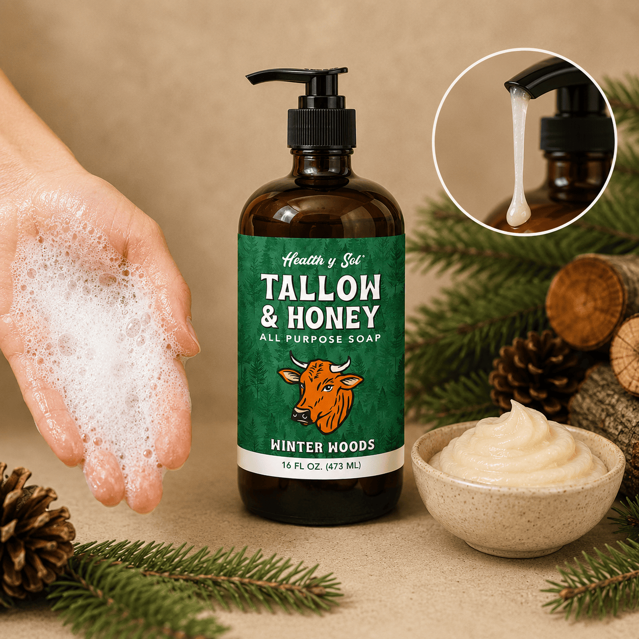 Health y Sol Body Wash Bottle + Reusable Pump Winter Woods Tallow &amp; Honey Liquid Soap – 16 oz