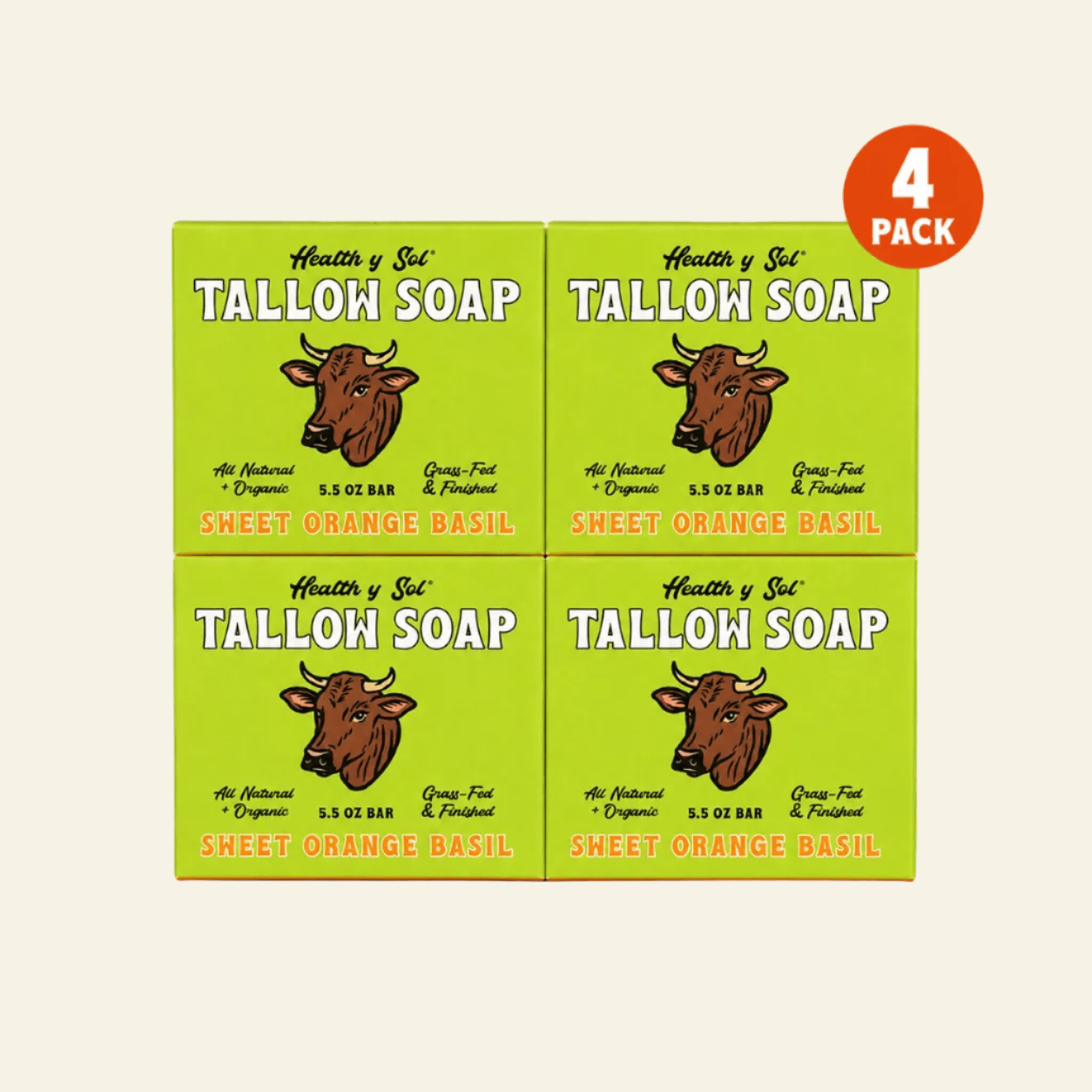 Health y Sol Bar Soap Four Pack Sweet Orange Basil Grass-Fed Tallow Bar Soap 5.5 oz