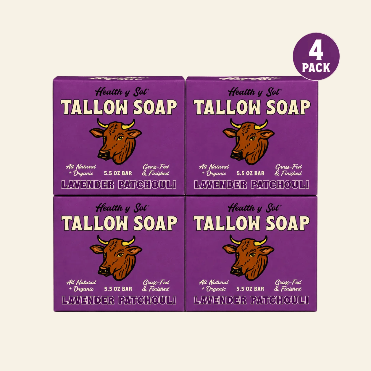 Health y Sol Bar Soap Four Pack Lavender Patchouli Grass-Fed Tallow Bar Soap 5.5 oz