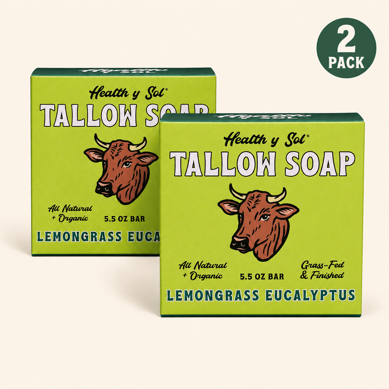 Health y Sol Bar Soap Two Pack Lemongrass Eucalyptus Grass-Fed Tallow Bar Soap 5.5 oz