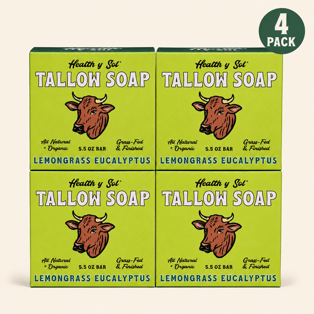 Health y Sol Bar Soap Four Pack Lemongrass Eucalyptus Grass-Fed Tallow Bar Soap 5.5 oz